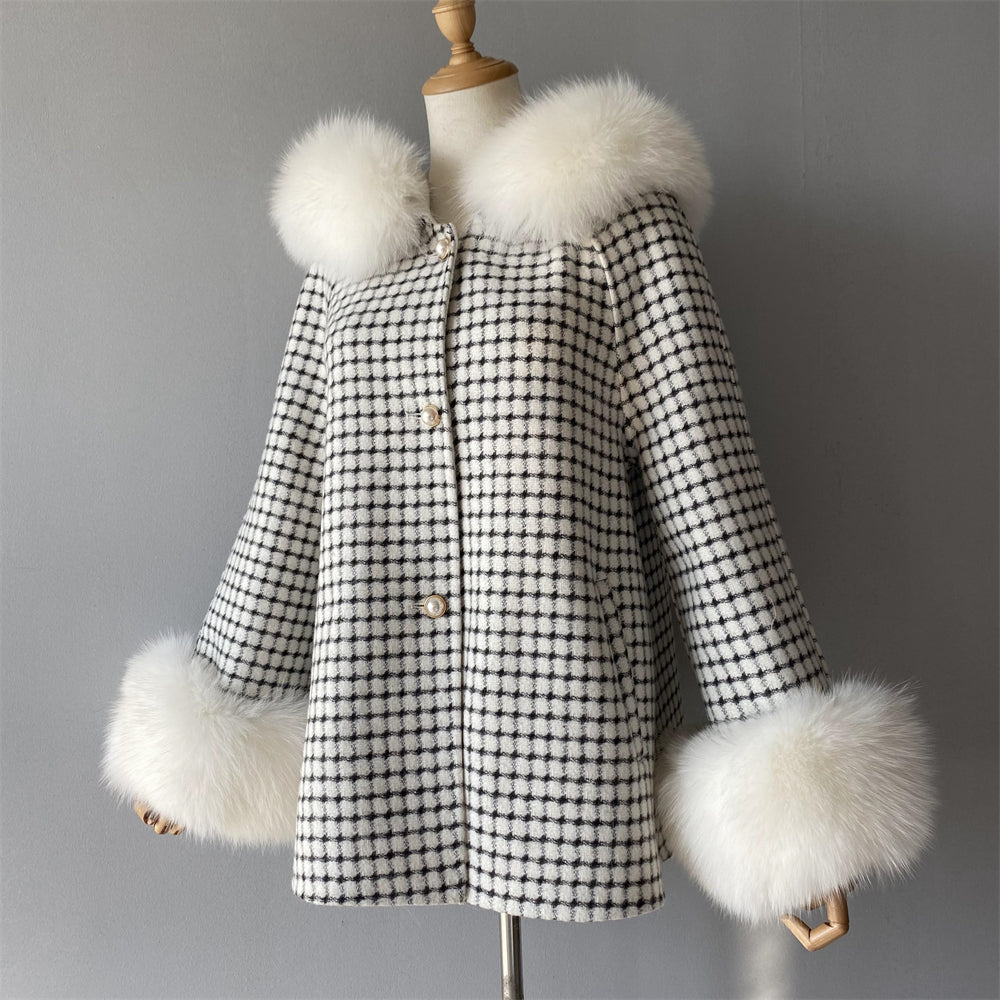 Regular Length Hooded Plaid Cashmere Coat With Real Fox Fur