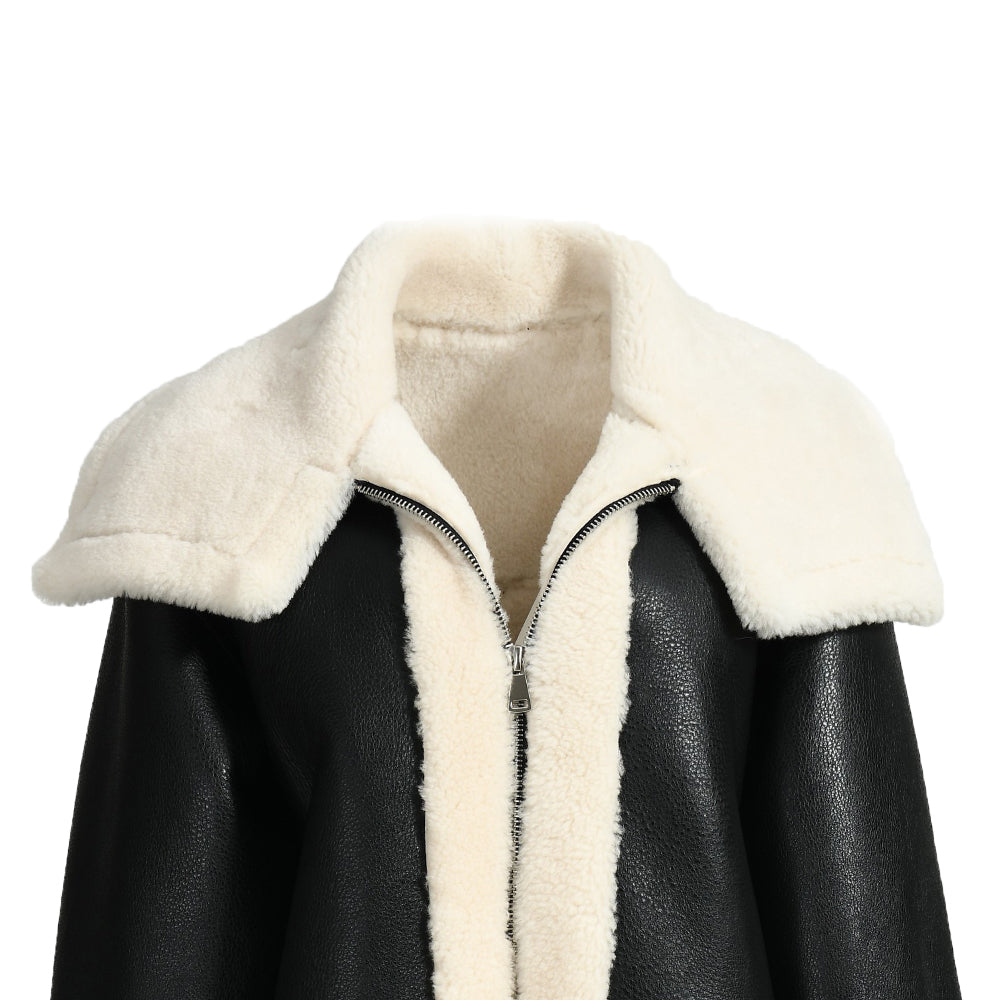 Zipper And Belt Design Genuine Shearling Jacket With Lamb Fur Wholesale Winter Women Shearling Coat