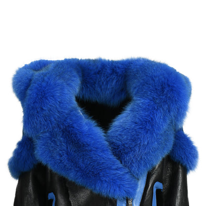 New Design Real Fox Fur Collar And Trim Genuine Leather Belt Fashion Women Leather Shearling Custom Coat