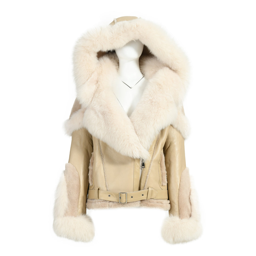 New Design Real Fox Fur Collar And Trim Genuine Leather Belt Fashion Women Leather Shearling Custom Coat