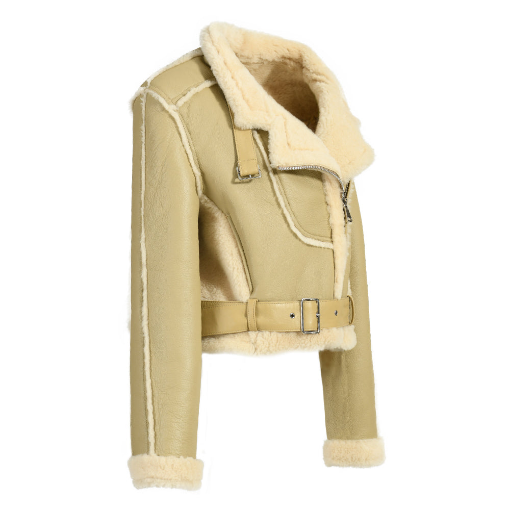 Turn-down Collar Belt Design Genuine Shearling Jacket With Sheep Fur Lining Winter Women Real Shearling Jacket