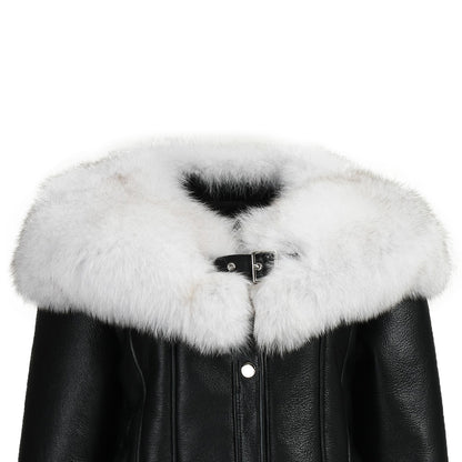 Luxury Fluffy Fox Fur Collar Regular Length Genuine Leather Shearling Jacket Women Custom