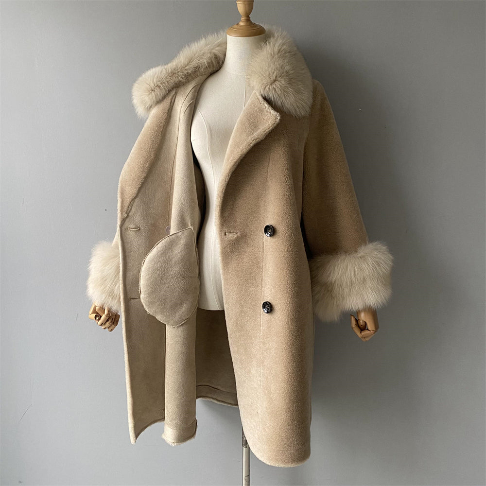 Warm Custom Long Sheep Teddy Coat With Real Fox Fur Collar And Cuffs Winter Women Warm Teddy Bear Coat