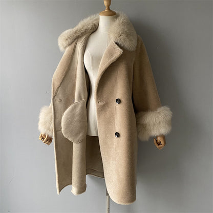 Warm Custom Long Sheep Teddy Coat With Real Fox Fur Collar And Cuffs Winter Women Warm Teddy Bear Coat