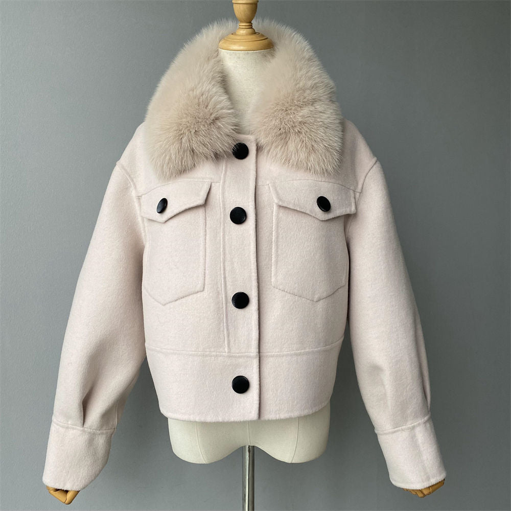 Jaxmonoy Women Cashmere Coat With Fur Collar Short Style