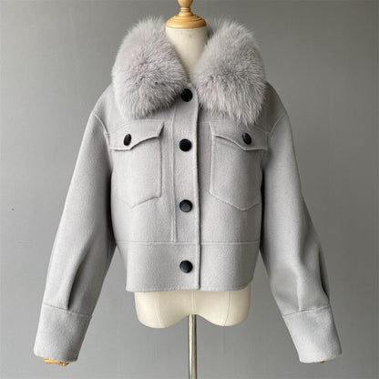 Jaxmonoy Women Cashmere Coat With Fur Collar Short Style