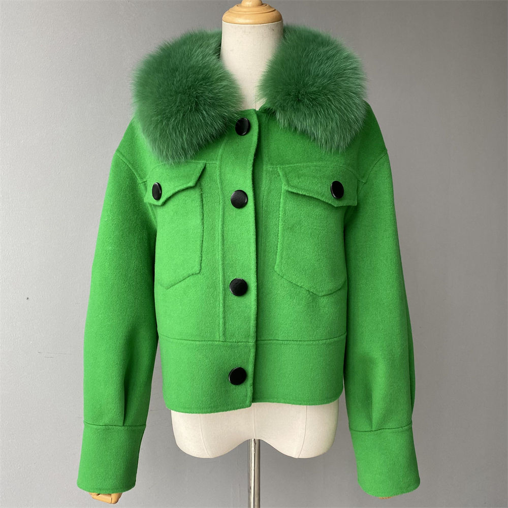 Jaxmonoy Women Cashmere Coat With Fur Collar Short Style