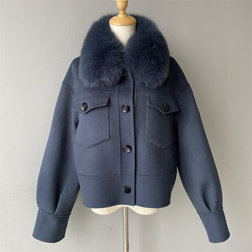 Jaxmonoy Women Cashmere Coat With Fur Collar Short Style