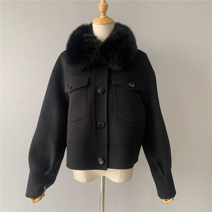 Jaxmonoy Women Cashmere Coat With Fur Collar Short Style