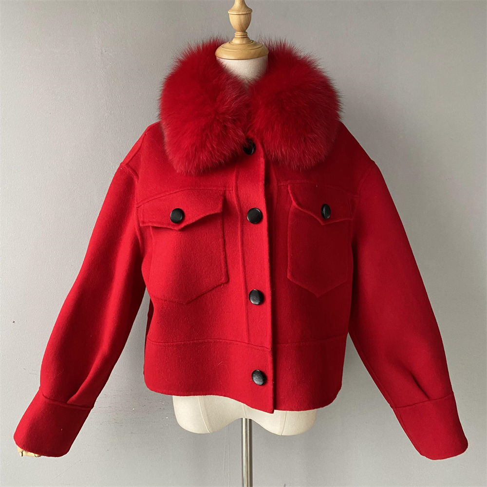 Jaxmonoy Women Cashmere Coat With Fur Collar Short Style