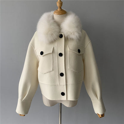 Jaxmonoy Women Cashmere Coat With Fur Collar Short Style