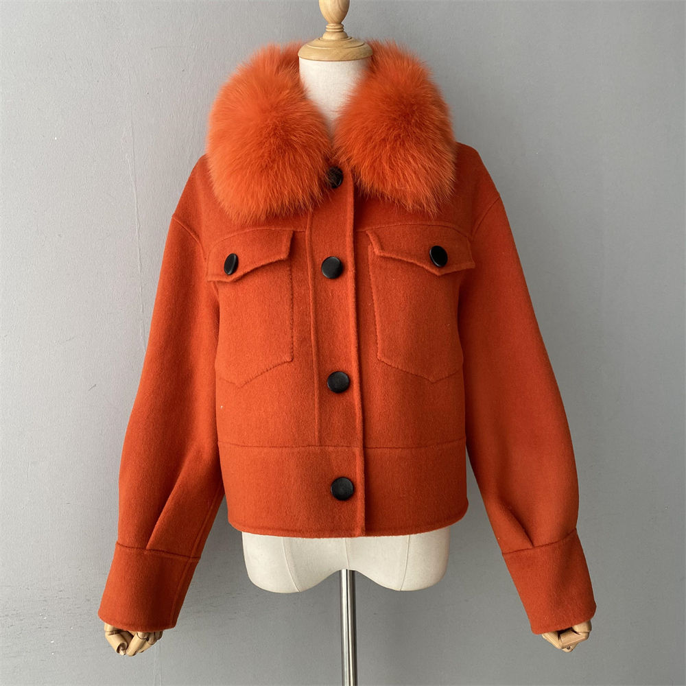 Jaxmonoy Women Cashmere Coat With Fur Collar Short Style