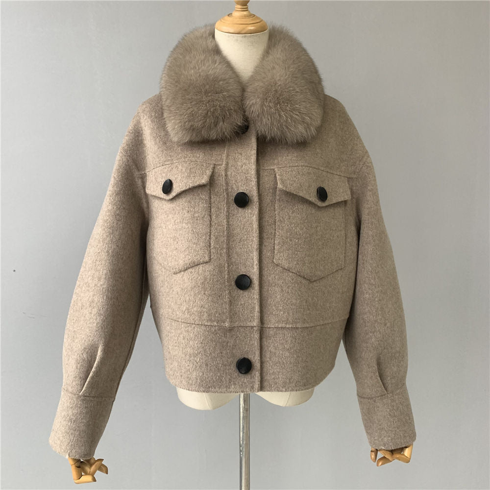 Jaxmonoy Women Cashmere Coat With Fur Collar Short Style