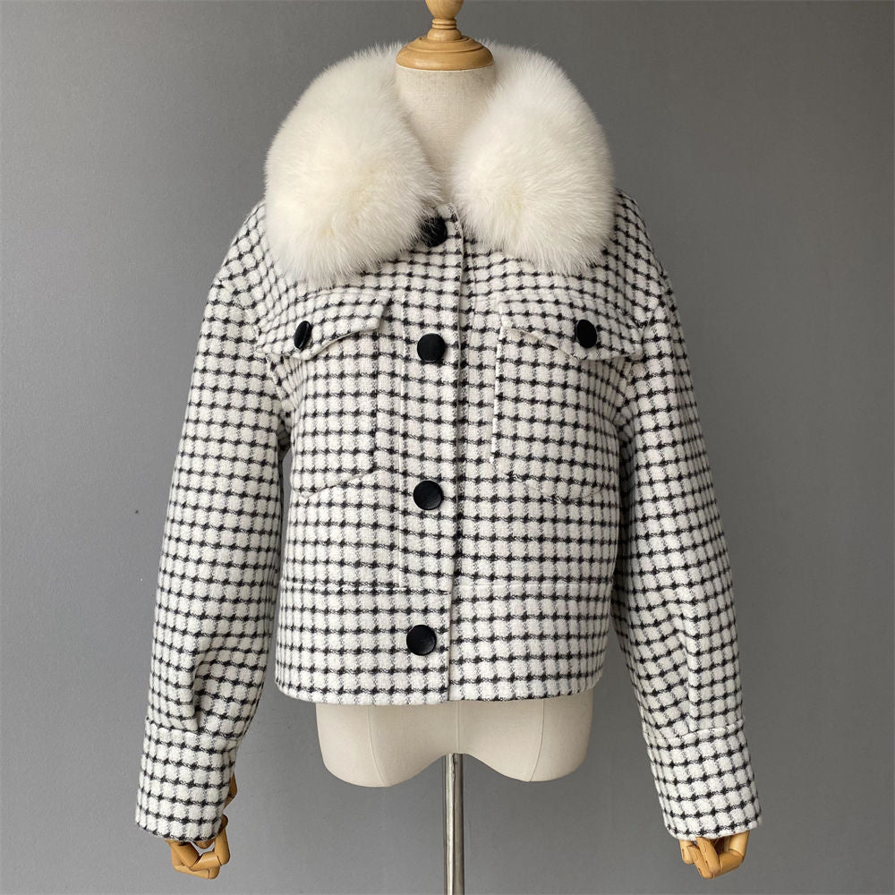 Jaxmonoy Women Cashmere Coat With Fur Collar Short Style