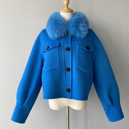 Jaxmonoy Women Cashmere Coat With Fur Collar Short Style