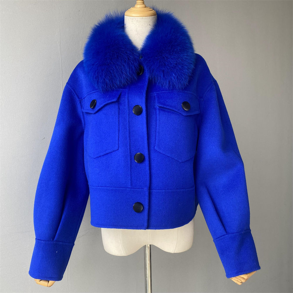 Jaxmonoy Women Cashmere Coat With Fur Collar Short Style