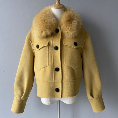 Jaxmonoy Women Cashmere Coat With Fur Collar Short Style