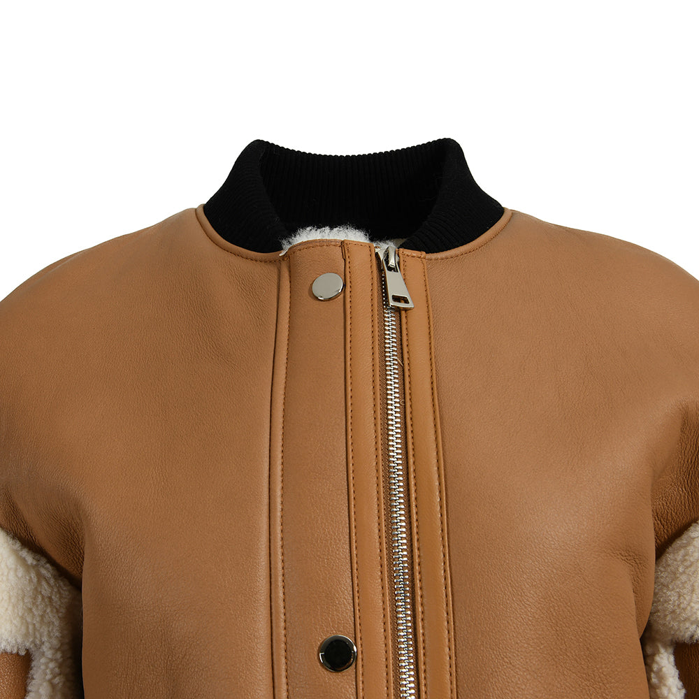 Real Sheepskin Leather Jacket With Sheep Fur Lining Cropped Genuine Shearling Womens Jacket