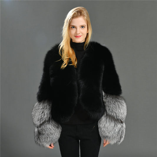 Jaxmonoy Ladies Real Fox Fur With Silver Fox Fur Coat Warm Real Fur Coat