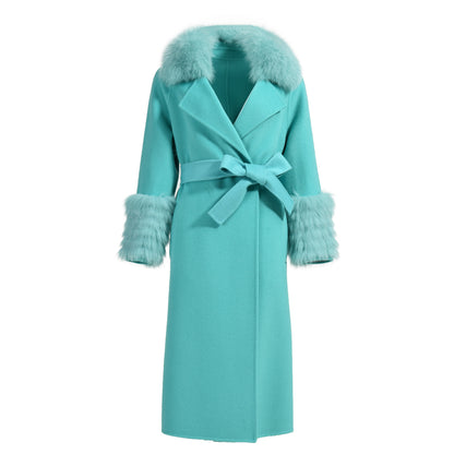 Colorful Long Cashmere Coat With Real Fox Fur Winter Fashion Trench Coat