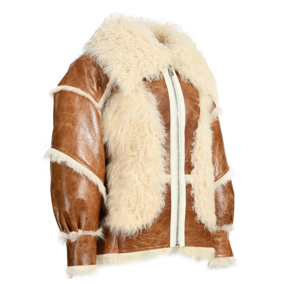 Cropped Sheepskin Leather Jacket With Real Sheep Fur Women