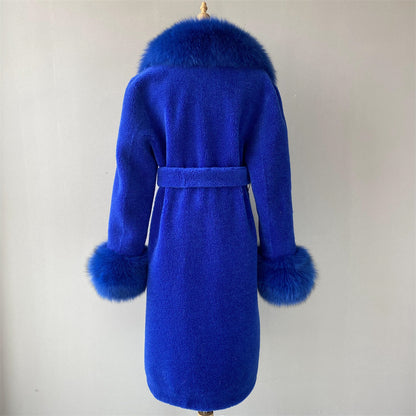 Winter Ladies Long Lamb Fur Fleece Jacket Custom Color Genuine Sheep Shearling Fox Fur Collar Teddy Bear Coat Women