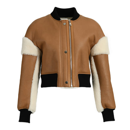 Real Sheepskin Leather Jacket With Sheep Fur Lining Cropped Genuine Shearling Womens Jacket