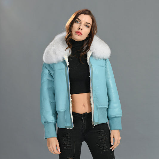 Genuine Leather Shearling Jacket With Fur Collar Winter Shearling coat