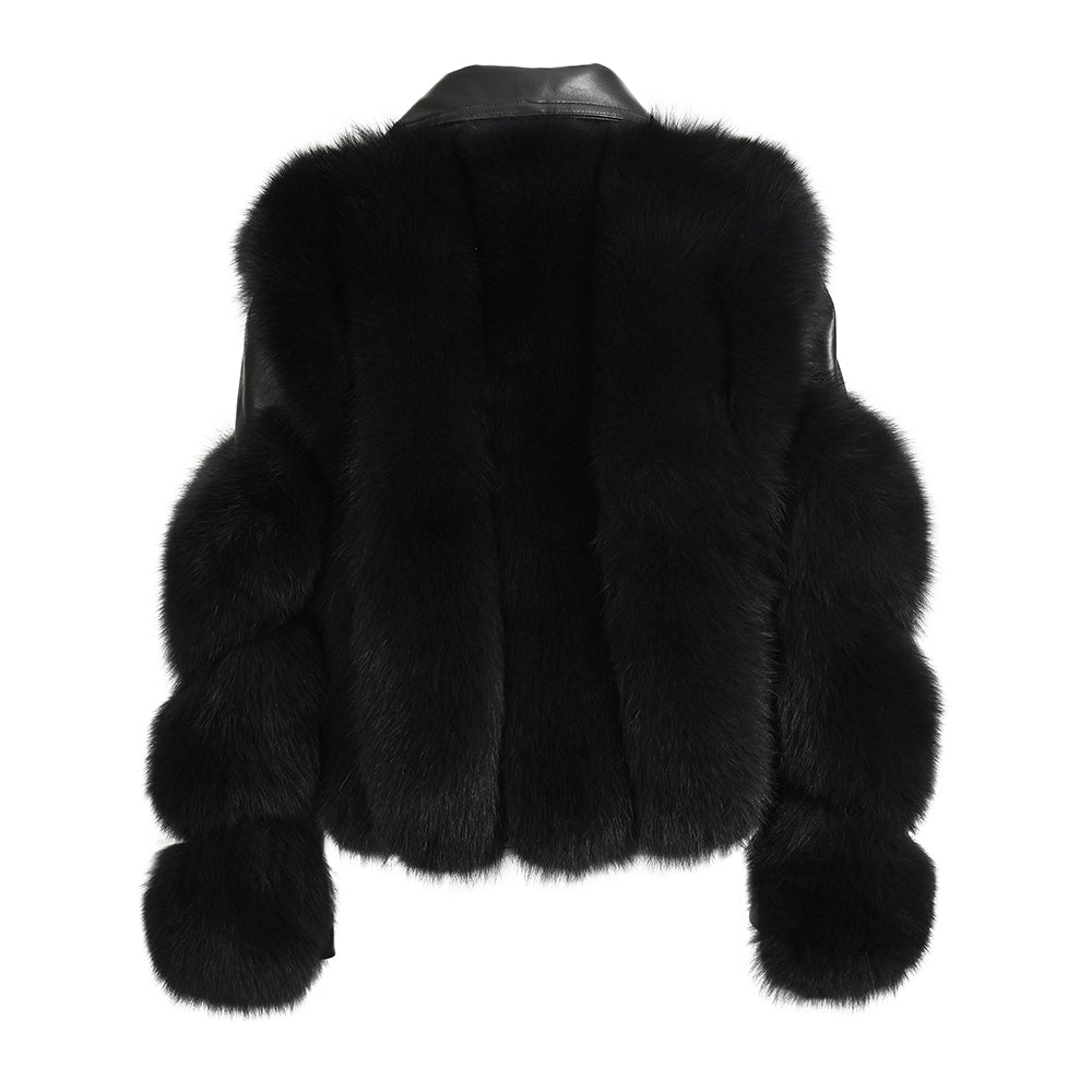 Turn-down Collar Real Fox Fur Zipper Belt Design Custom Genuine Leather Jacket Women