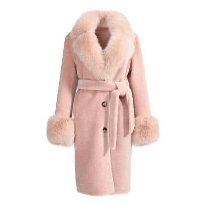 Winter Ladies Long Lamb Fur Fleece Jacket Custom Color Genuine Sheep Shearling Fox Fur Collar Teddy Bear Coat Women