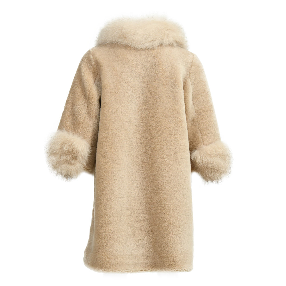 Children Long Sheep Fur Teddy Coat With Real Fox Fur Collar And Cuffs