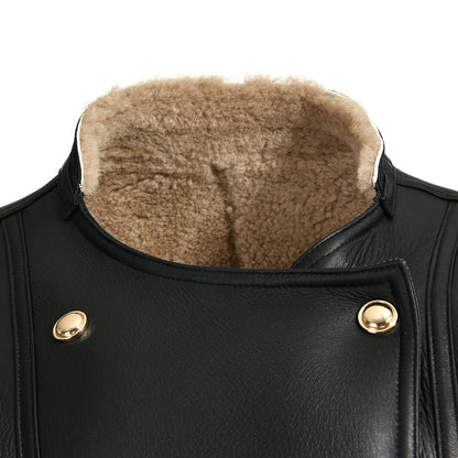 Winter Warm Crew Neck Leather Jacket With Lamb Fur  High Quality Sheepskin