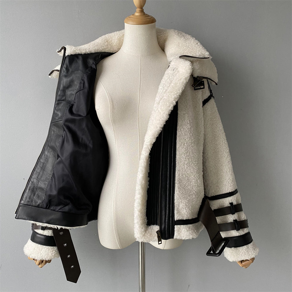 Thick Warm Genuine Sheepskin Shearling Jacket With Real Leather Belt Fashion Women Teddy Bear Shearling Sheep Coat