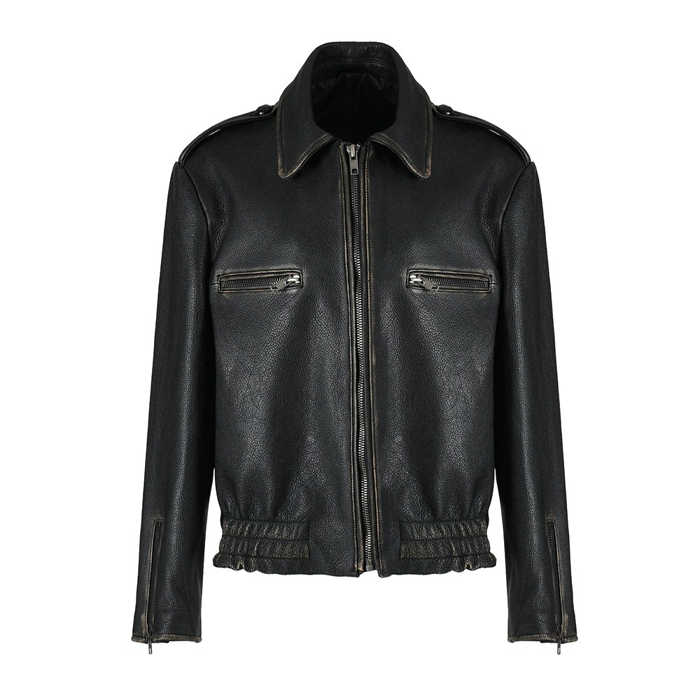 Old fashioned style Turn-down Real Sheepskin Leather Jacket