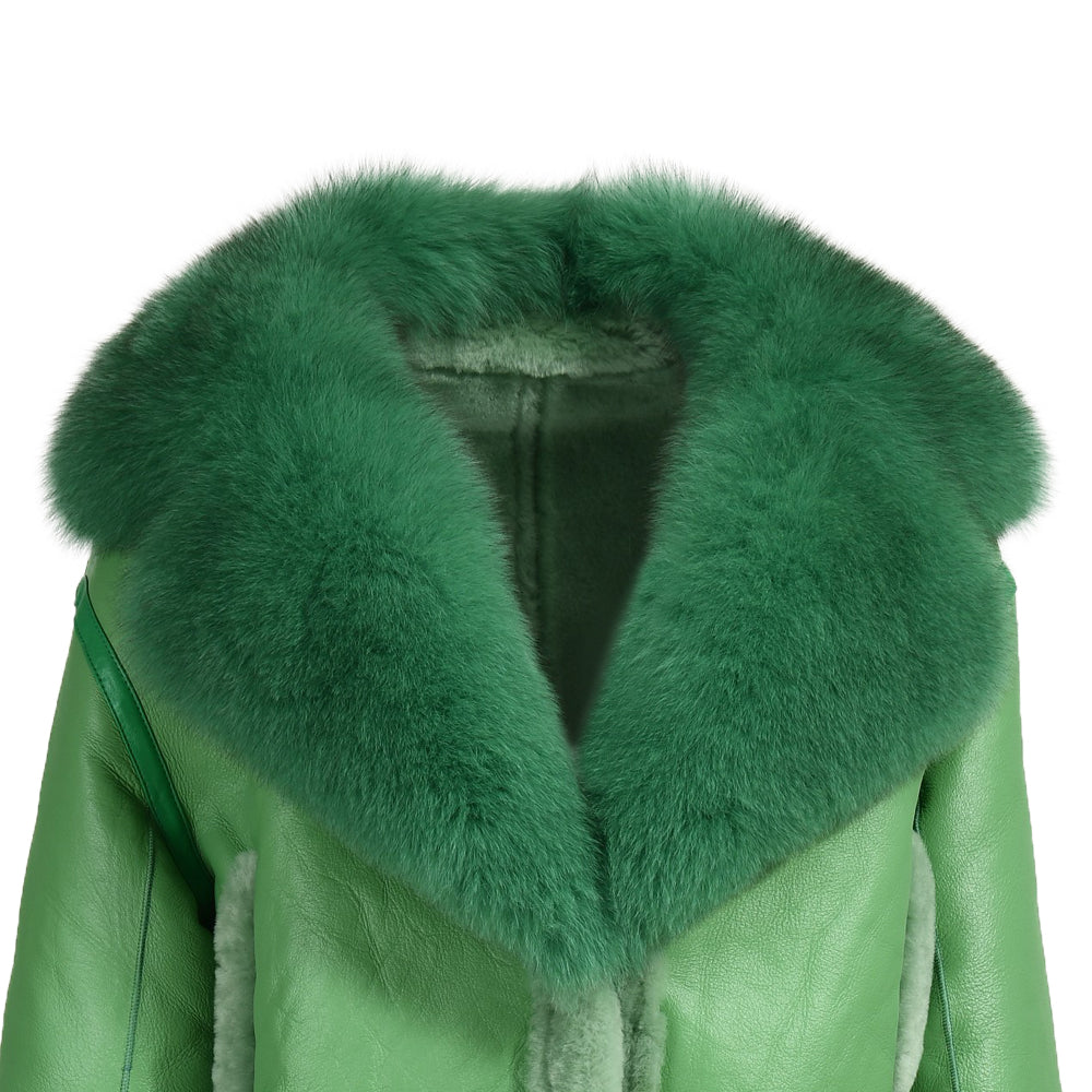 Women Genuine Cropped Sheepskin Leather Jacket With Real Fox Fur