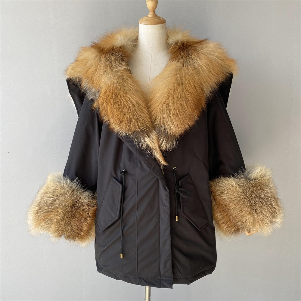 Women Casual Short Style Real Fox Fur Lining Detachable Denim Fur Jacket Fox Fur Parka