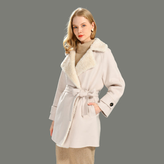 Jaxmonoy Fashion Office Ladies Mid-length Style Cashmere Coat With Sheep Fleece