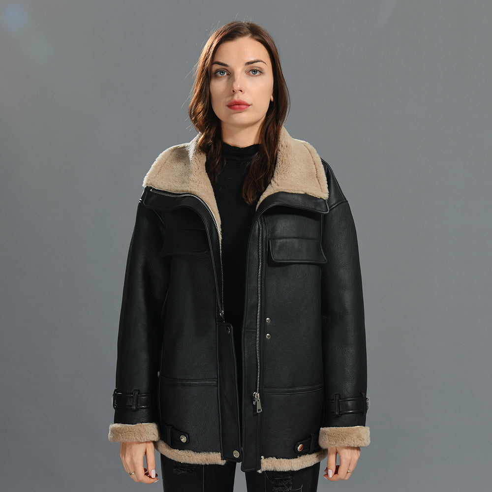 Winter Warm Thick Genuine Leather Jacket Turtle Neck Lamb Fur Jacket Women Fur Sheep Shearling Coat