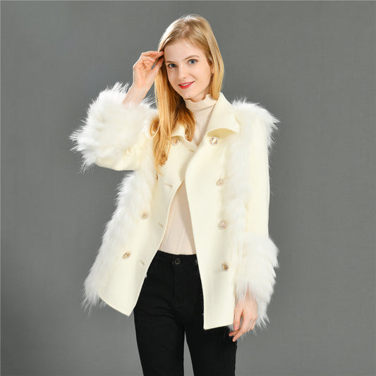 Jaxmonoy Women Cashmere Coat With Real Fur Cuffs Short Style