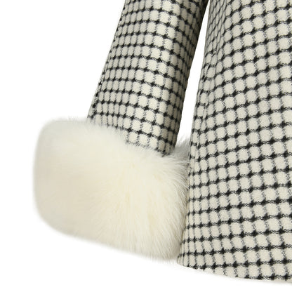 Regular Length Hooded Plaid Cashmere Coat With Real Fox Fur