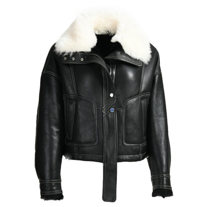 Genuine Leather Shearling Coats With Sheep Fur Collar Custom