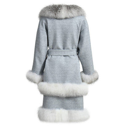 Winter Hot Sale Double-faced Wool Coat With Luxury Fox Fur Trim Belt Design Fashion Women Cashmere Long Coat Plus Size