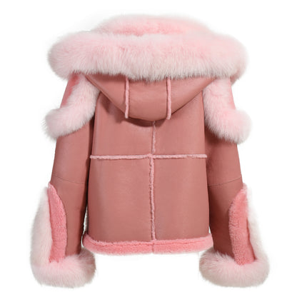 New Design Real Fox Fur Collar And Trim Genuine Leather Belt Fashion Women Leather Shearling Custom Coat