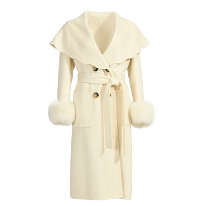 Double-sided Cashmere Wool Coat With Big Collar Removable Fox Fur Cuff