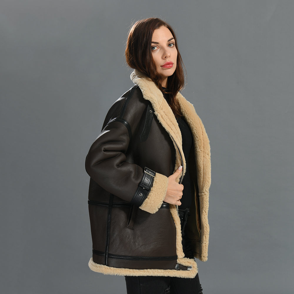 Thick Genuine Shearling Jacket Regular Length Sheep Leather Shearling Fur Leather Coat For Women