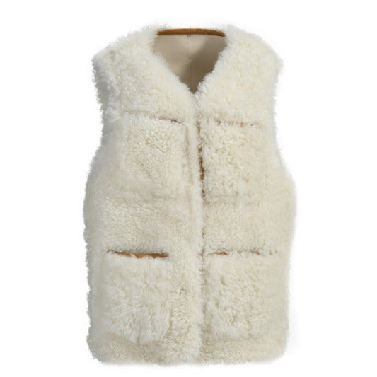 Winter Stylish V-neck Real Sheep Fur Gilet Custom Fashion Genuine Shearling Vest Women