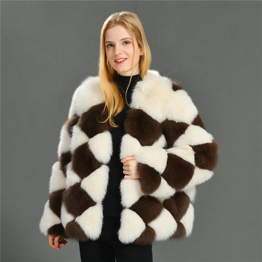 Jaxmonoy Female Two-color Stitching Minimalistic Ladies Real Fox Fur Coat