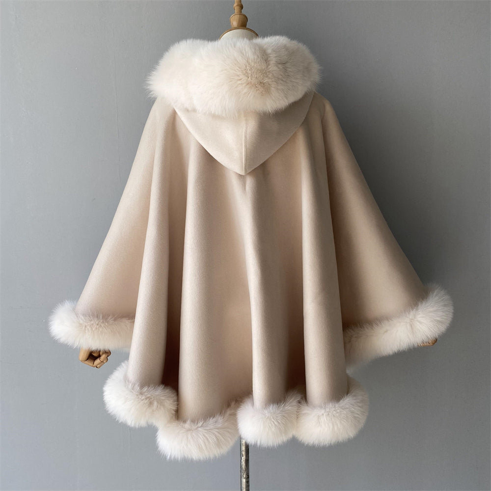 Hooded Cashmere Poncho Cape With Real Fox Fur Trim Women Poncho