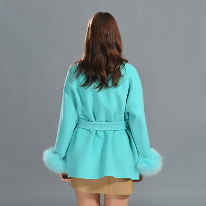 Cashmere Coat With Real Fox Fur Cuffs Winter Double Long Wool Coat