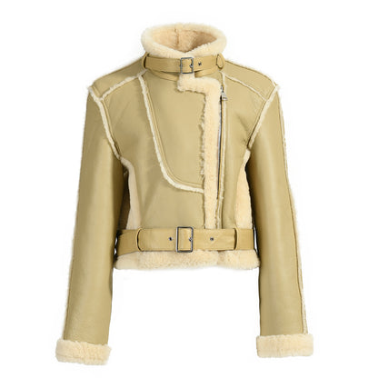 Turn-down Collar Belt Design Genuine Shearling Jacket With Sheep Fur Lining Winter Women Real Shearling Jacket